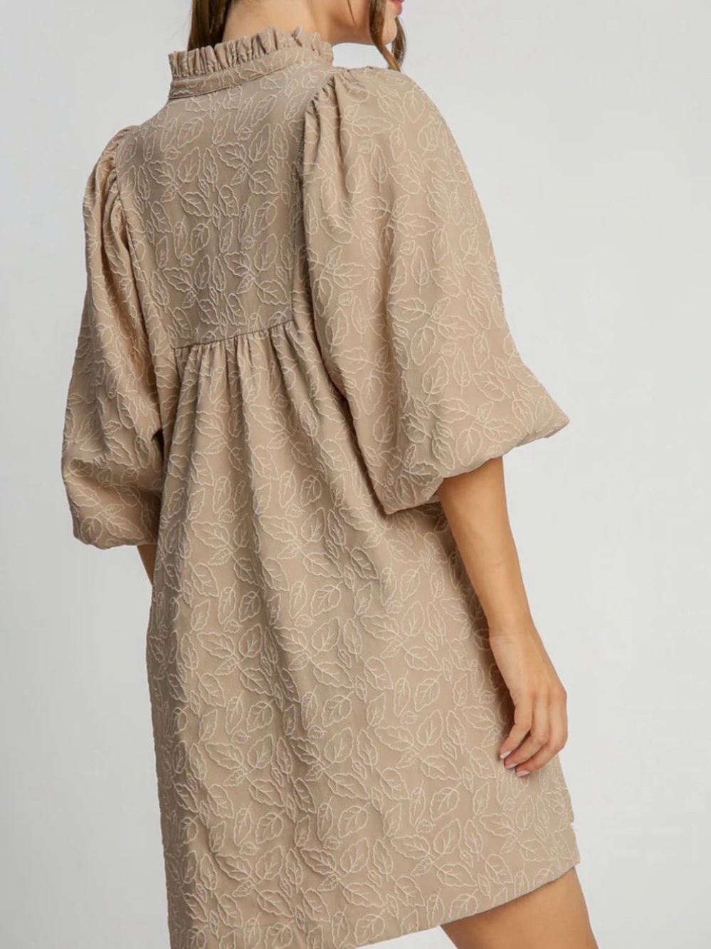 Umgee Beige Embroidered Puff Sleeve Dress - Picture 2 of 4